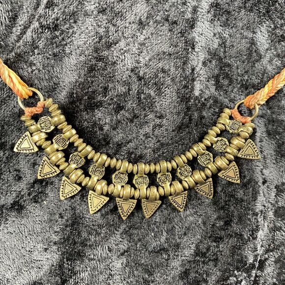 Global Goods Partners Handmade Stamped Brass Bead Bib Necklace Braided Strap - Picture 2 of 8